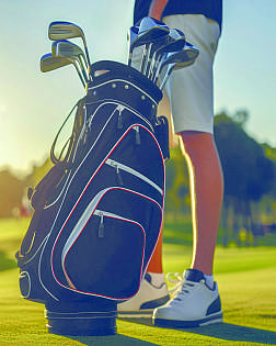 Ein Golfer steht neben einer schwarzen Golfbag mit mehreren Schlägern auf dem Rasen.